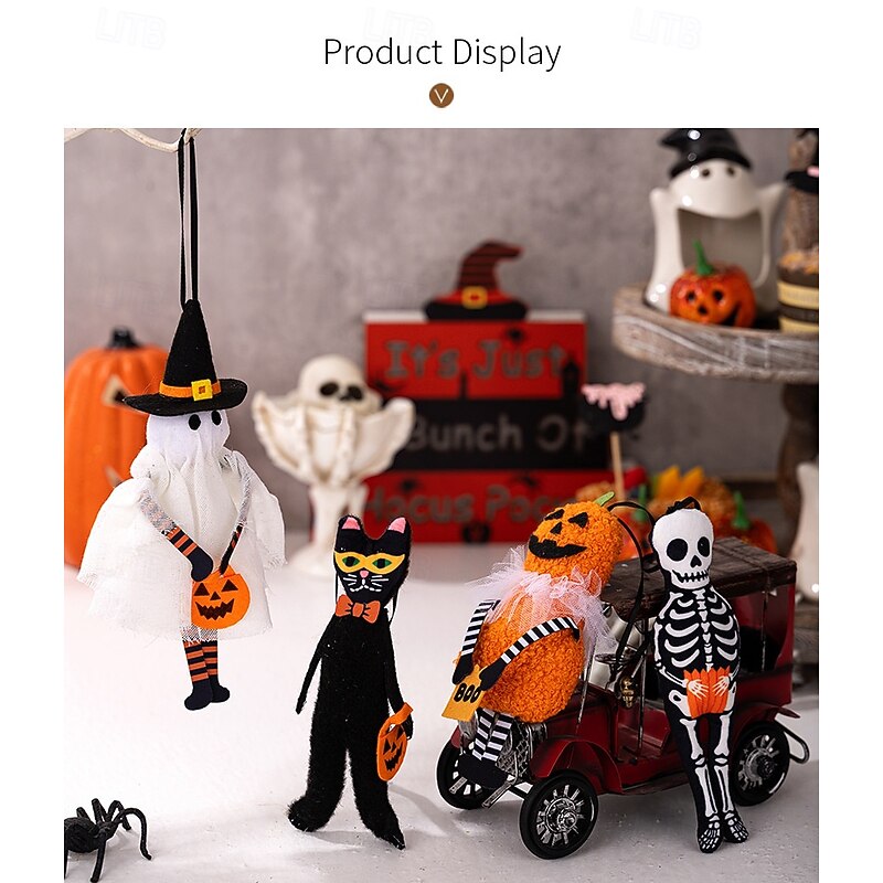 4pcs Halloween Handmade Hanging Ornaments, Pumpkin, Black Cat, Ghost, Skull Decorations, Spooky Holiday Party, Home and Indoor Hanging Decor4