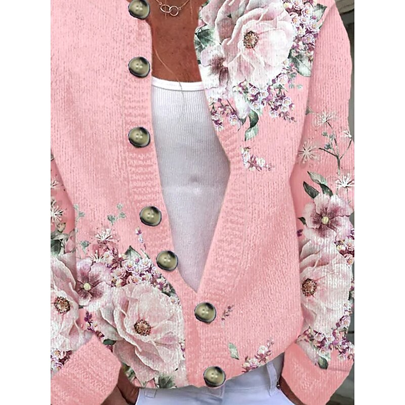 Women's Cardigan Daily Floral Graphic Ribbed Crew Neck Floral Buttons Print Long Sleeve Regular Tops Knit Outdoor Weekend Pink Spring Fall3