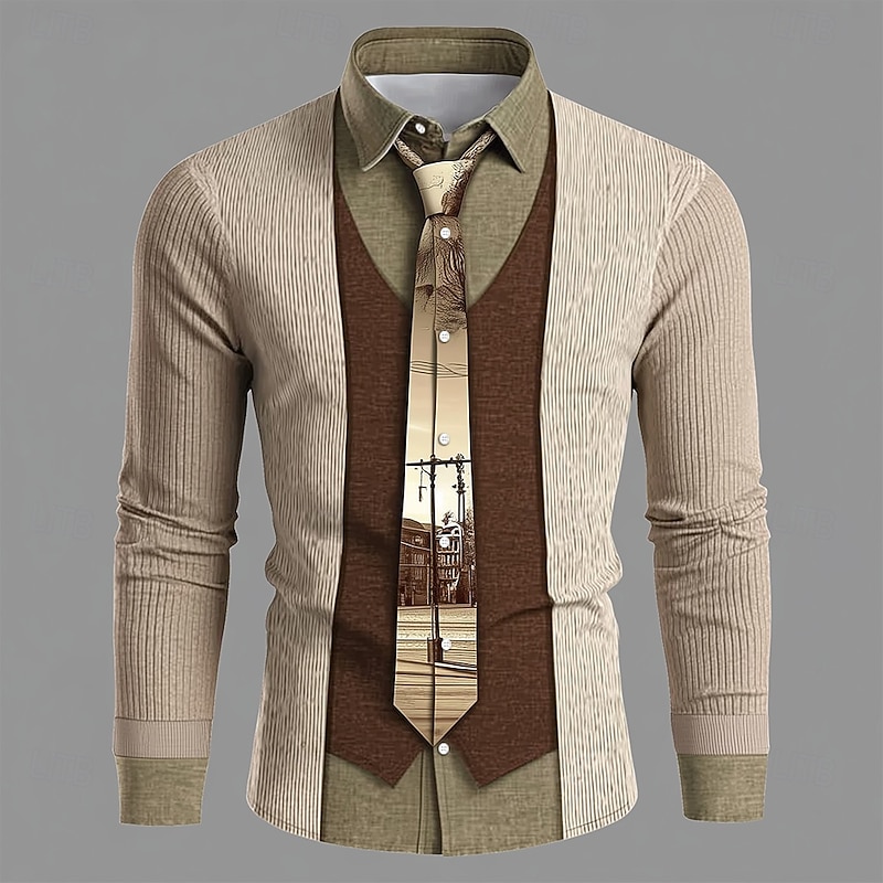 Men's Novelty Faux Collar and Cardigan Design Shirt Button Up Shirt Long Sleeve Vintage Retro Outdoor Casual Daily Spring Fall Turndown 3D Print Collared Shirts Light Khaki Khaki2