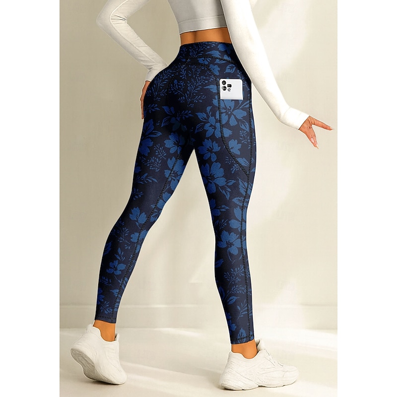 Women's pilates leggings fitness pants Gym Leggings Pockets Stamp Duty Side Pockets Pilates Gym Gym Workout Pants Tights Leggings Floral Pink Red Navy Blue Sports Activewear Stretchy Tight Fit2