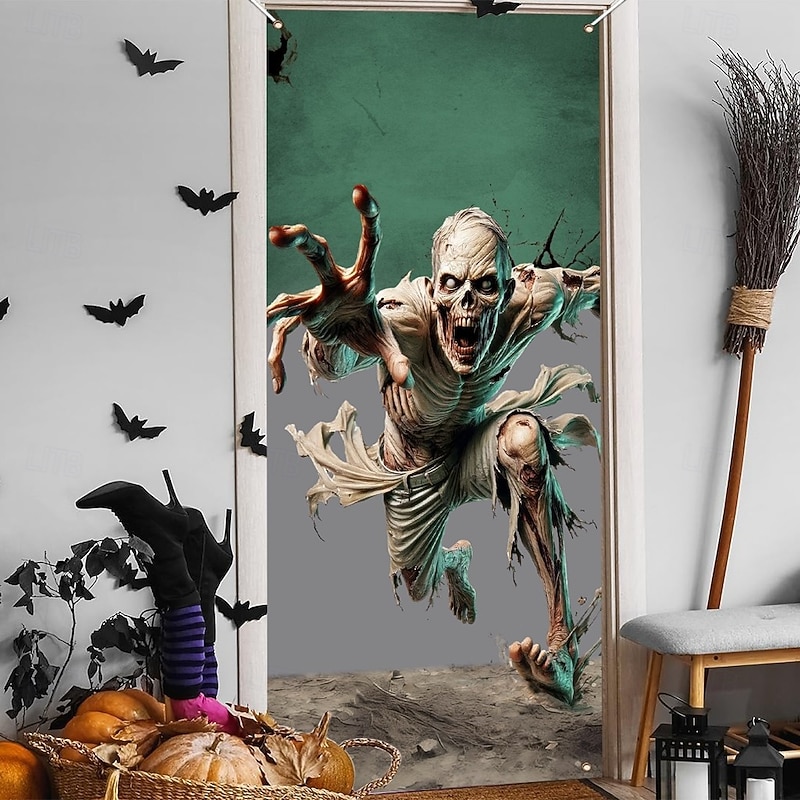 Halloween Door Covers Black and White Running Skeleton Tapestry Door Curtain Decoration, Spooky Horror Backdrop Door Banner for Front Door Indoor Outdoor Haunted House Party Decor2