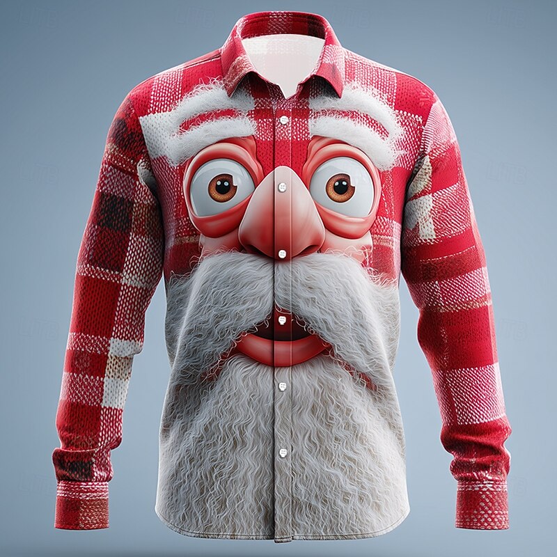 Christmas Men's Santa Claus Grid / Plaid 3D Cartoon Shirt Button Up Shirt Long Sleeve Funny Outdoor Holiday Spring Fall Turndown 3D Print Linen Like Shirt Red green Red