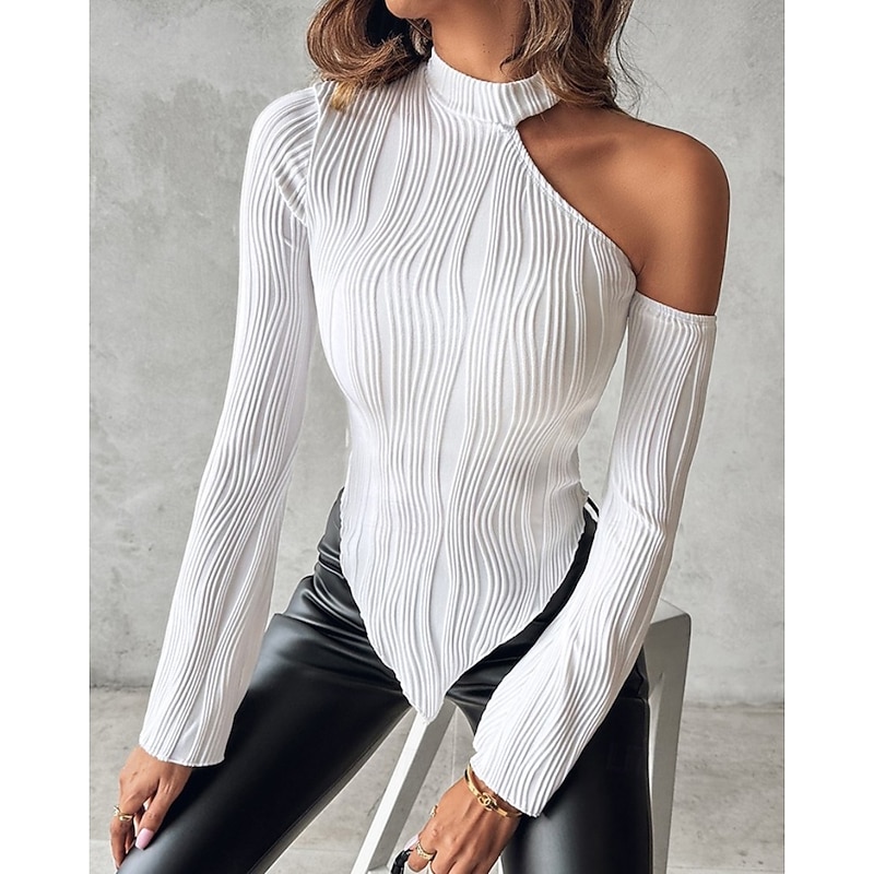 Women's Blouse Plain Elegant Modern Long Sleeve Crew Neck Regular Tops Daily Holiday Going out Asymmetric Hem White Fall Winter