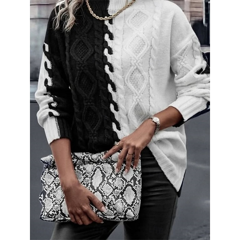 Women's Sweater Casual Soft Color Block Ribbed Mock Neck Knitted Long Sleeve Regular Tops Knit Outdoor Daily Weekend Black Red Fall Winter