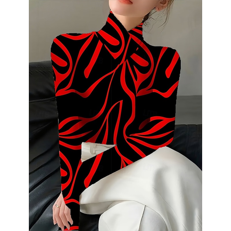 Women's T Shirt Graphic Geometry Elegant Vintage Stylish Long Sleeve Turtleneck High Neck Regular Tops Going out White Yellow Red Blue Fall Winter2