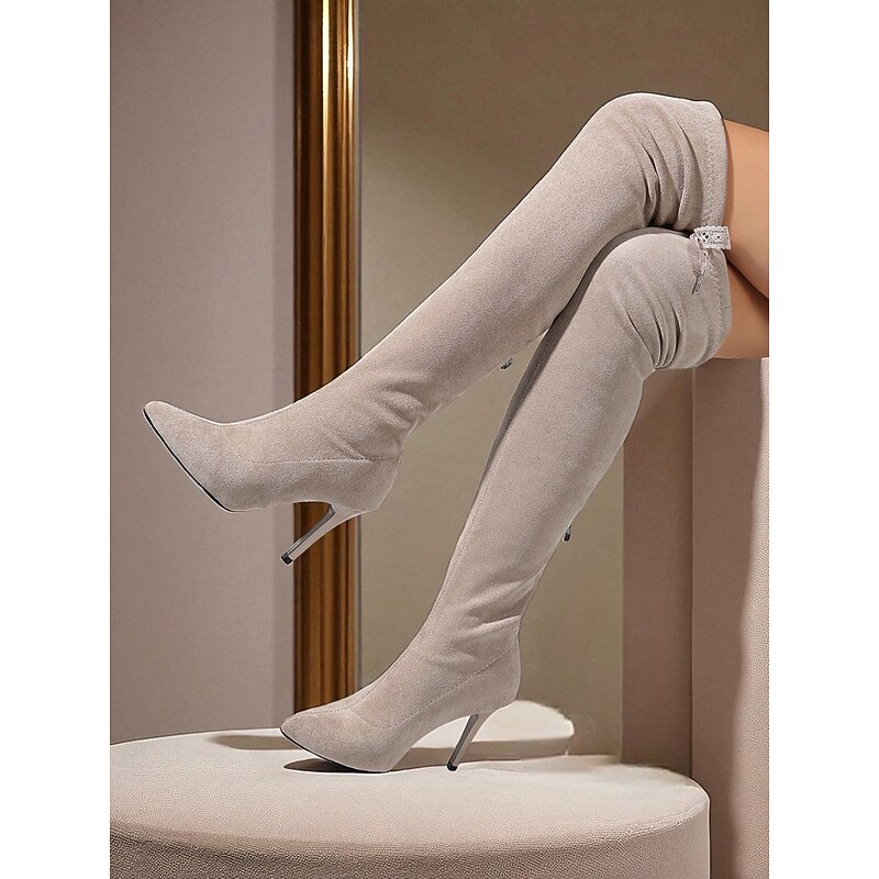 Women's Grey Suede Over the Knee Fashion Boots with Pointed Toe and Stiletto Heel, Elegant Stretch Thigh High Boots for Parties, Night Out and Fall Winter Fashion2