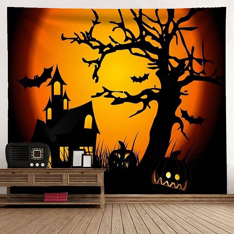 Halloween Castle Pumpkin Full Moon Tapestry Peach Velvet Wall Banner Scary Night Bats Halloween Party Decoration Photography Background Cake Table Photo Booth Studio Props