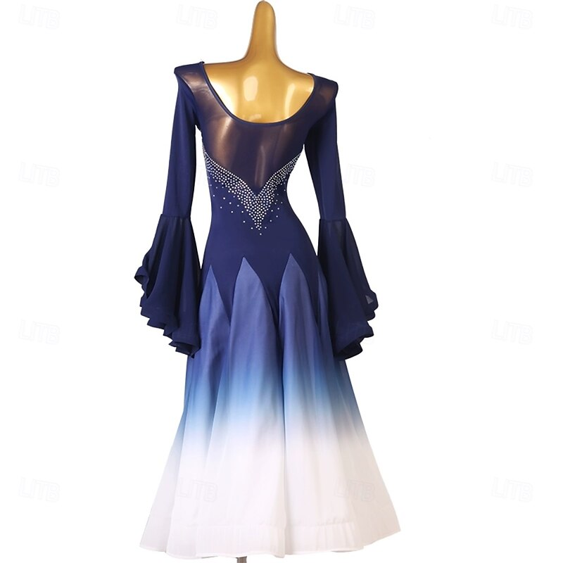 Women's Blue Ombre Ballroom Dance Dress with Rhinestone Detail, Bell Sleeves, and Flared Skirt – Ideal for Latin, Tango, and Performance Wear2