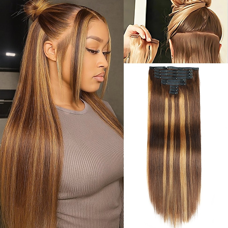 Highlight P4/27 14-18 Inch Straight Hair Long 9PCS Set PU Thick Clip in on Hair Extensions