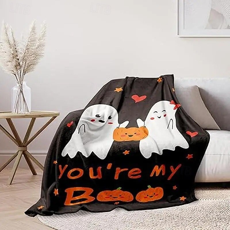 Halloween Ghost Cartoon Flannel Blanket - Reversible All-Season Knitted Throw, Digital Print Multipurpose Cozy Bedding, 100% Polyester,  Ideal for Christmas Valentine'S Gift3