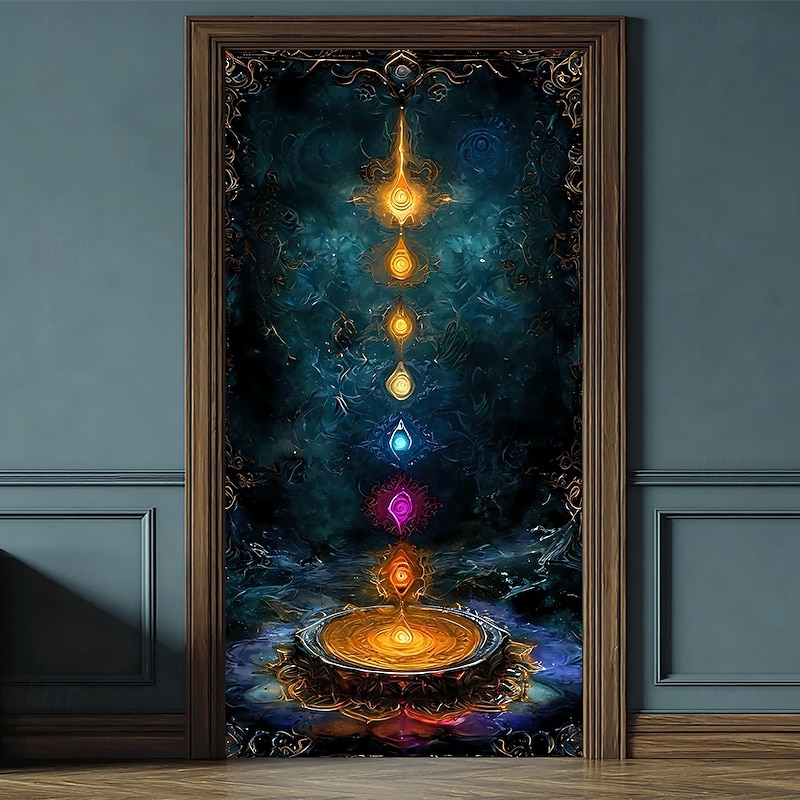 Tapestry Door Cover Outdoor Banners Seven Chakra Yoga Meditation Galaxy Lotus Aesthetic Mystic Bedroom Living Room Front Door Home Decor