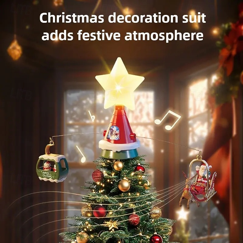 Rotating Christmas Tree Topper Santa Hat with Glowing Star & Music Notes - USB-Powered Holiday Decoration, Traditional Plastic Santa Claus Sleigh & Snowman Coaster Scene, Christmas Gifts & Home Decor2