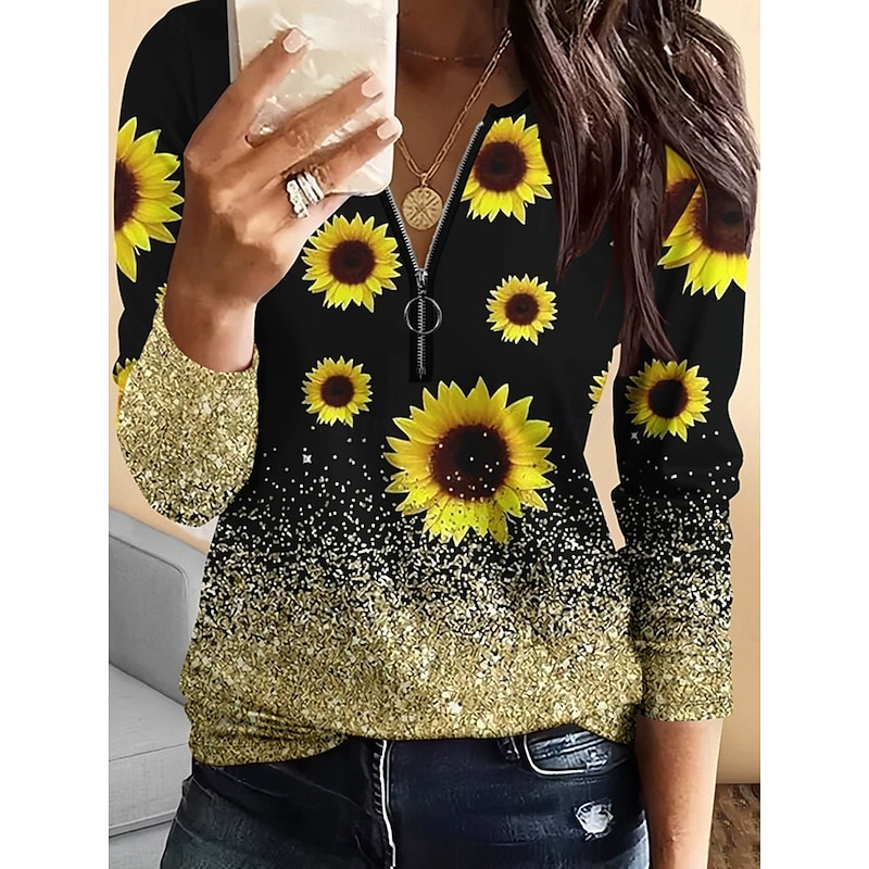 Women's T Shirt Floral Graphic Plants Vintage Fashion Stylish Long Sleeve Crew Neck Regular Tops Daily Zipper Print White Yellow Blue Spring Fall Winter2