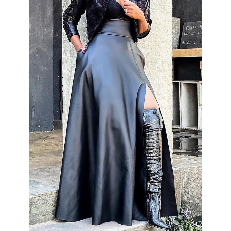 Women's Skirt A Line Elegant Fashion Casual Maxi High Waist Skirts Plain Split Ends Inelastic Party Street Wine Black Pink Brown Spring Faux Leather