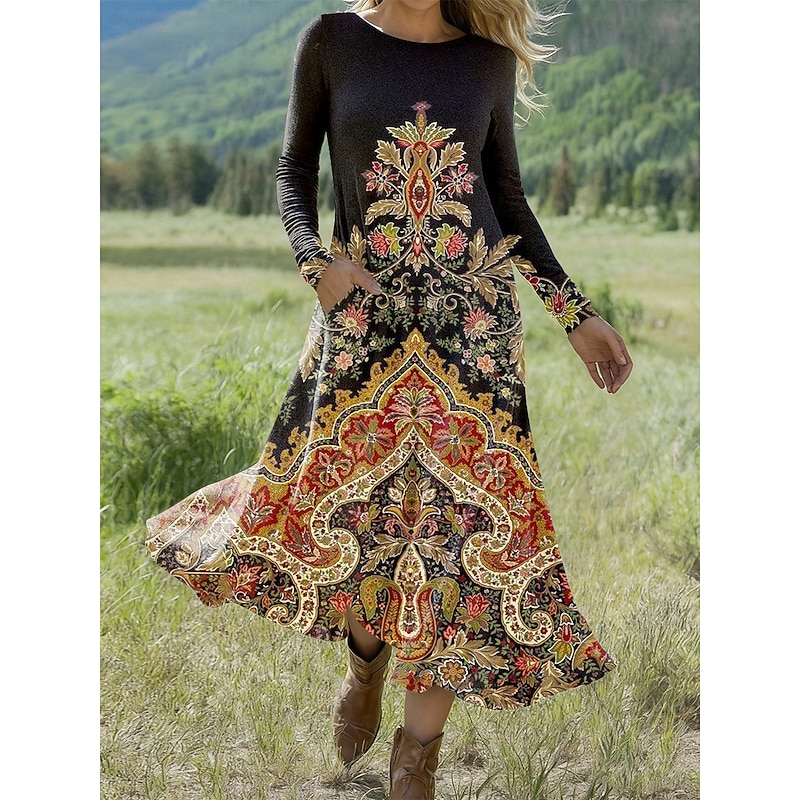 Women's Midi Dress A Line Dress Fit And Flare Dress Vacation Casual Daily Regular Fit Graphic Geometric Long Sleeve Crew Neck Black Blue Orange Spring Fall Winter