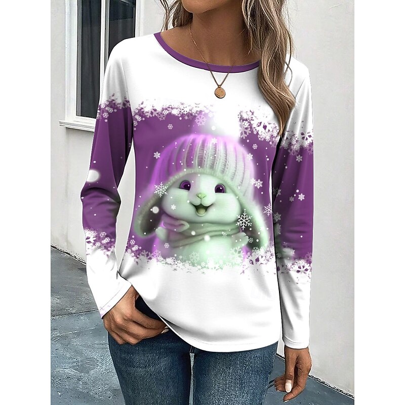 Christmas Women's T Shirt Graphic Animal Snowflake Fashion Cute Stylish Long Sleeve Crew Neck Round Neck Regular Tops Daily Weekend Print Yellow Blue Purple Green Summer Spring Fall Winter3