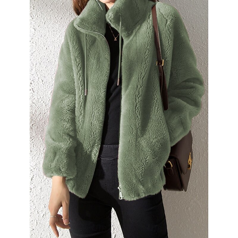 Women's Sherpa Jacket Casual Jacket Comfortable Breathable Zipper Casual Plain Vacation Street Casual Daily Wear Zipper Regular Stand Collar Regular Fit Long Sleeve Outerwear Black Purple Fuchsia4