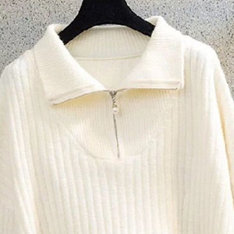 Women's Sweater Fashion Basic Casual Pure Color Ribbed Half Zip Zipper Knitted Long Sleeve Regular Tops Knit Outdoor Daily Weekend Beige Fall Winter2