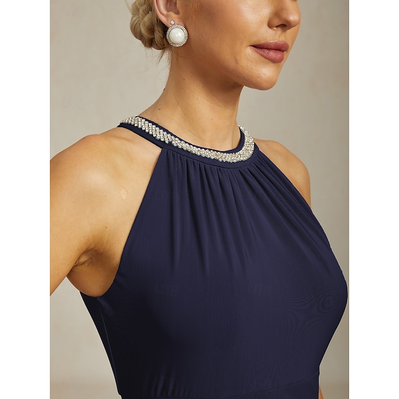 Women's Maxi Dress Sheath Dress Elegant Party Cocktail Solid Color Sleeveless Crew Neck Navy Blue Summer3