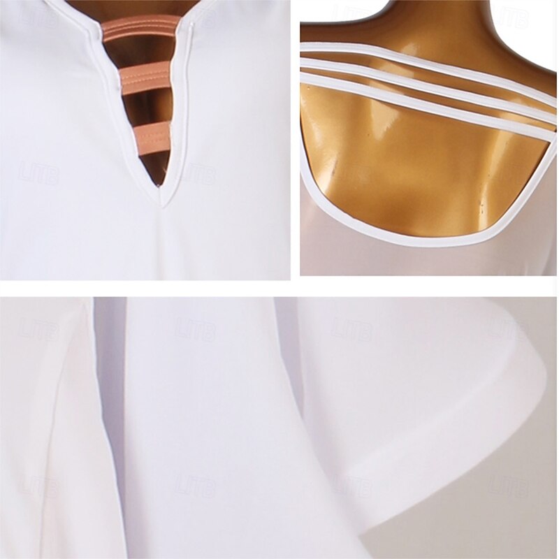 Women's Blue Ombre Ballroom Dance Dress with Flared Bell Sleeves, Belted Waist, and V-Neck – Perfect for Latin, Tango, and Performance Wear4