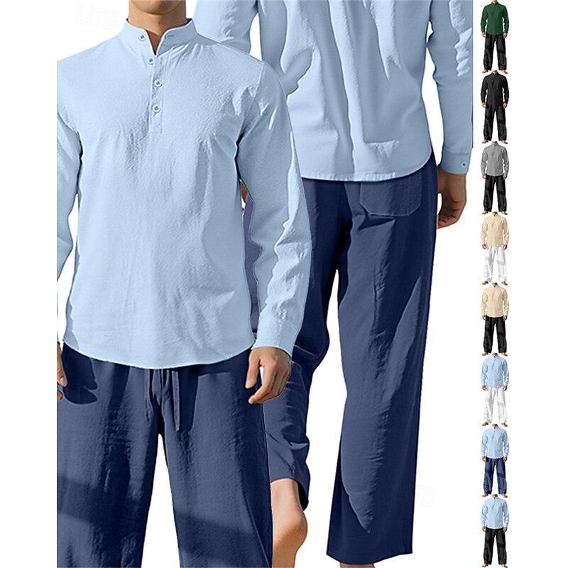 Men's Linen Shirt T-shirt Suits Shirt and Pant Sets 2 Pieces Outfits Long Sleeve Stand Collar Spring Fall Plain Fashion Casual 2 Piece Vacation Daily Wear Going out Black+ Khaki Black Navy Blue Top