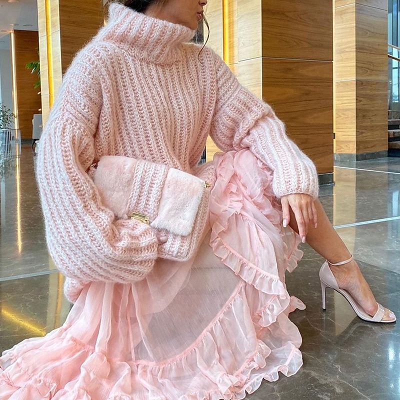 Women's Sweater Pullover Daily Stylish Casual Solid Color Ribbed Turtleneck Knitted Long Sleeve Regular Tops Knit Daily Holiday Going out White Pink Fall Winter2
