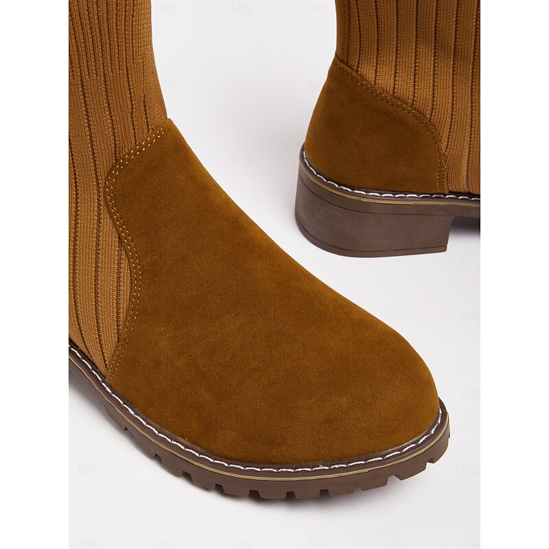 Women's Light Brown Faux Suede Ankle Boots with Ribbed Knit Shaft – Cozy Autumn Winter Chelsea Style Boots for Casual Outfits3