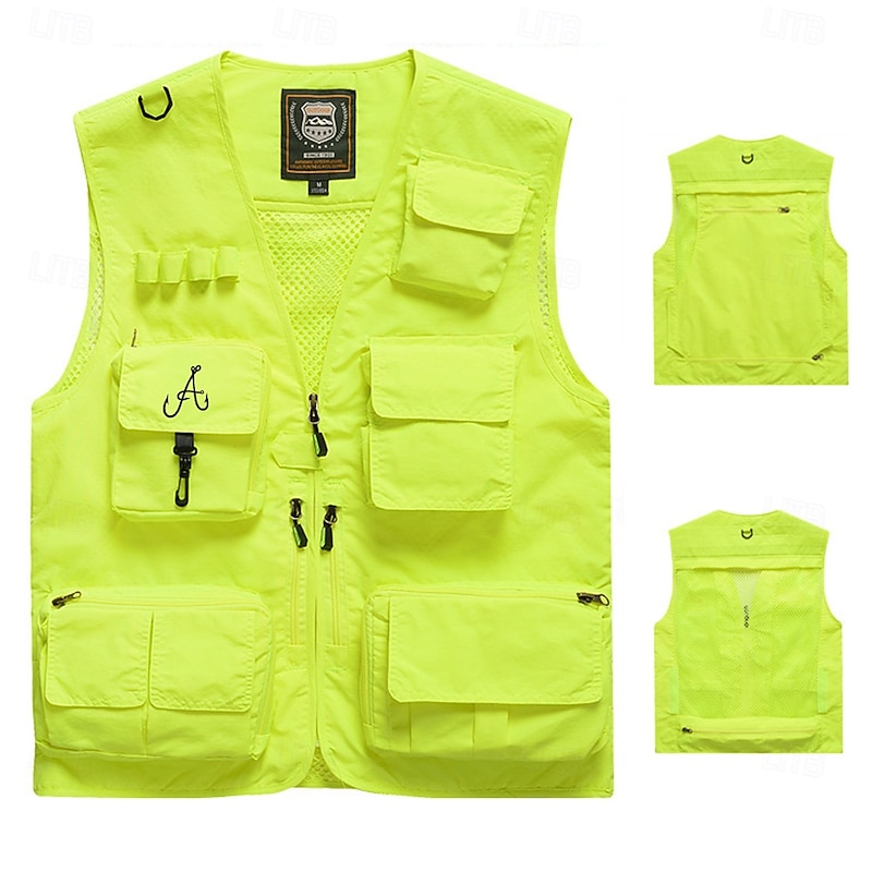 Men's Letter Fishhooks Vest Gilet Fishing Vest Tactical Practical Casual Photography Camping & Hiking Hunting Quick Dry Multiple Pockets Fishing Vest with Removable Mesh Back Fall Winter Collarless