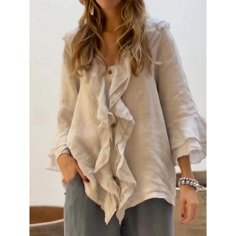 Women's Shirt Solid Color Stylish Casual Long Sleeve V Neck Regular Tops Daily Ruffle White Yellow Red Brown Green Summer Spring Fall2