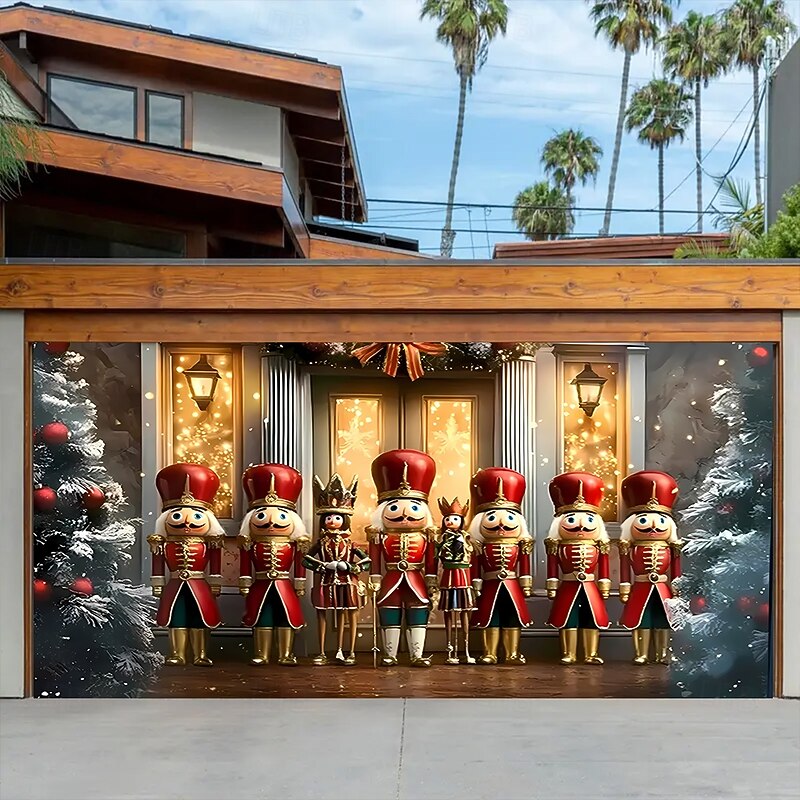 Christmas Tapestry Garage Door Cover Large Hanging Backdrop Gift Walnut Soldiers Cute 3D Party Outdoor Holiday Shooting Backgrounds Yard Home Decor2