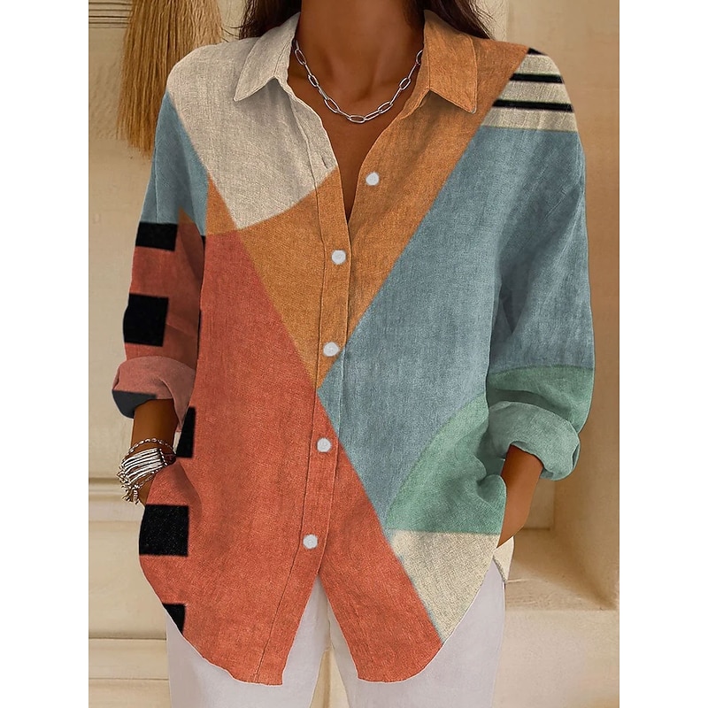 Women's Shirt Graphic Geometric Abstract Vintage Tropical Daily Long Sleeve Shirt Collar Regular Tops Daily Holiday Print Black Red Blue Purple Orange Spring Fall