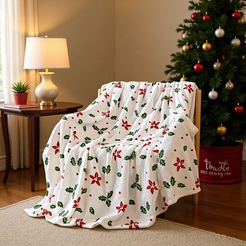 Printed Winter Throw Blanket, Warm Flannel Sofa Blanket, Christmas Air Conditioning Blanket for Office Nap or Home Decor