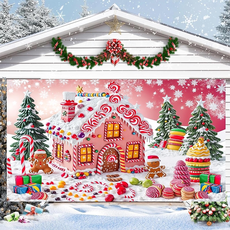 Christmas Outdoor Garage Door Cover Pink Candy House Gingerbread Man Christmas Tree Large Tapestry Backdrop Holiday Party Wall Decoration For Outdoor Garage Door Home Festival Celebration Decor
