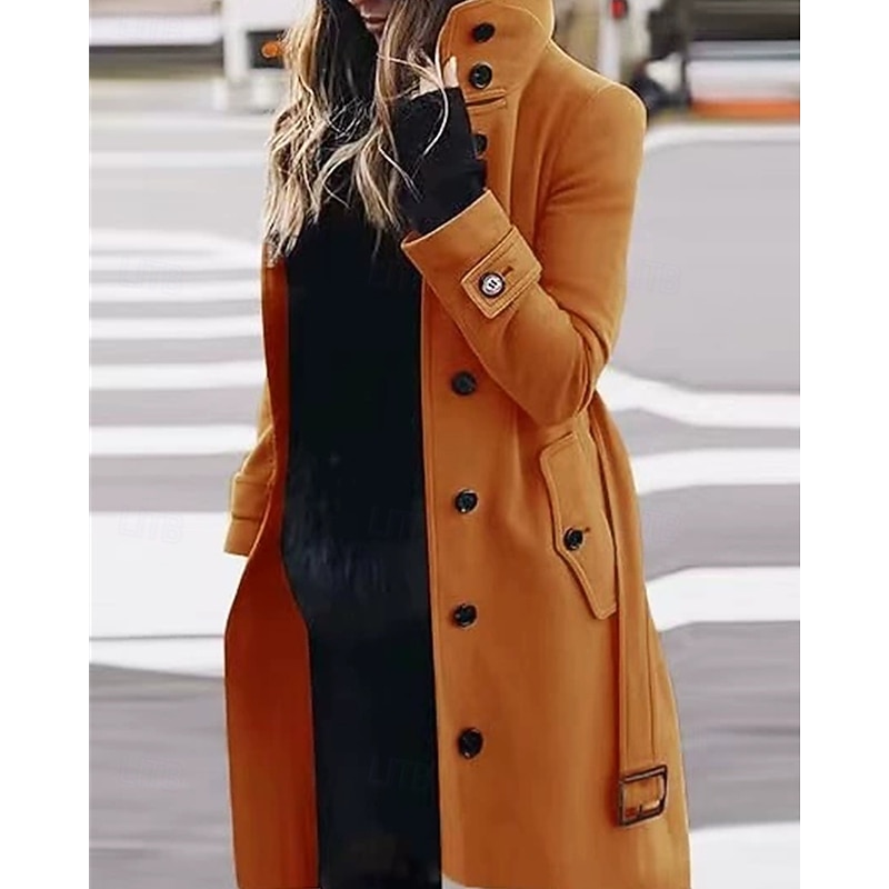 Women's Winter Coat Coat Warm Comfortable Pocket Buttons Elegant Casual Plain Vacation Street Casual Daily Wear Long Turndown Regular Fit Long Sleeve Outerwear Black Red Orange Fall Winter3