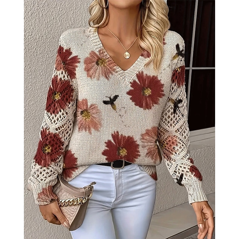 Women's Sweater Fashion Basic Casual Floral Ribbed V Neck Knitted Long Sleeve Regular Tops Knit Outdoor Daily Weekend Red Fall Winter