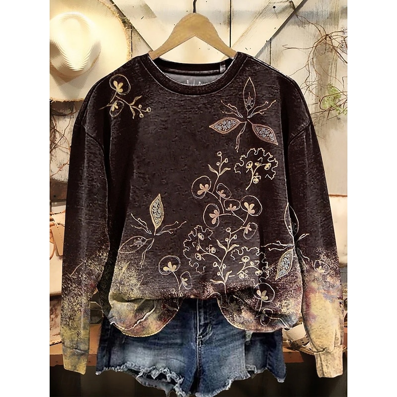 Women's Sweatshirts Floral Graphic Vintage Casual Long Sleeve Crew Neck Regular Tops Street Dailywear Casual Print Yellow Red Brown Khaki Spring Fall Winter2