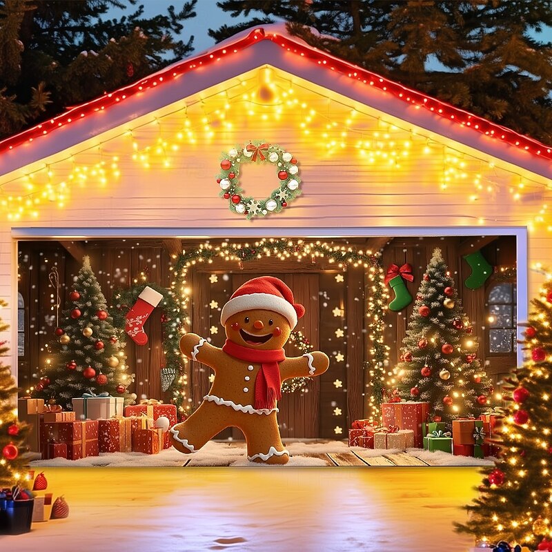 Christmas Outdoor Garage Door Cover Gingerbread Man Christmas Tree Stocking Gift Santa Hat Large Tapestry Backdrop Holiday Party Wall Decoration For Outdoor Garage Door Home Festival Celebration Decor3