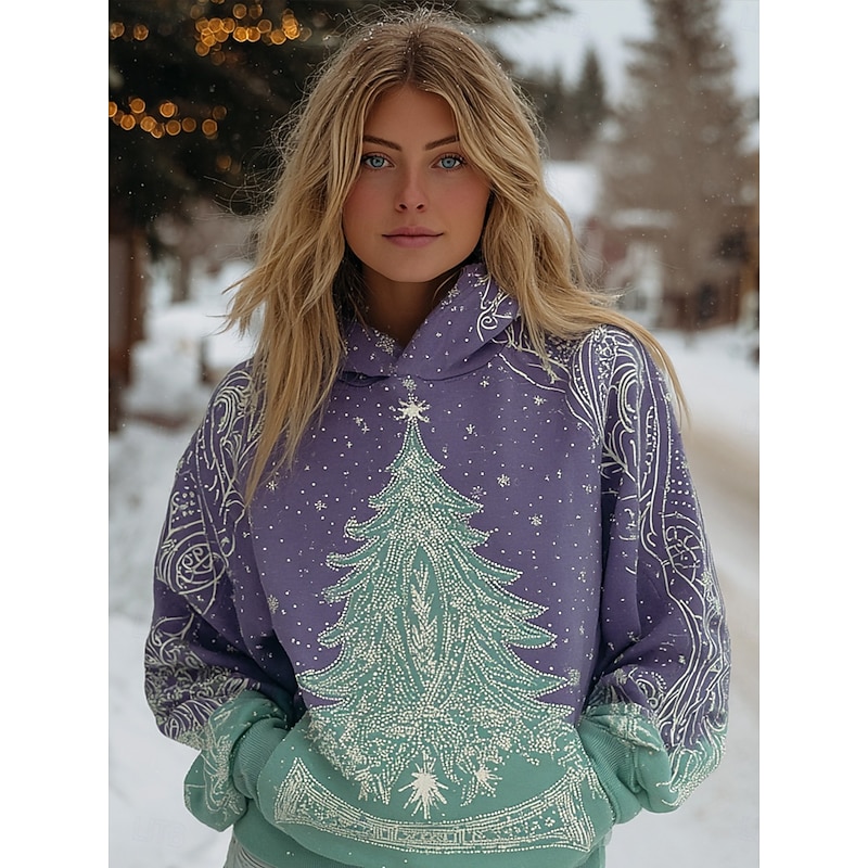 Women's Pullover Hoodie Sweatshirt Christmas Tree Christmas Warm Vintage Fashion Long Sleeve Hooded Regular Tops Work Street Dailywear Pink Purple Green Fall Winter2