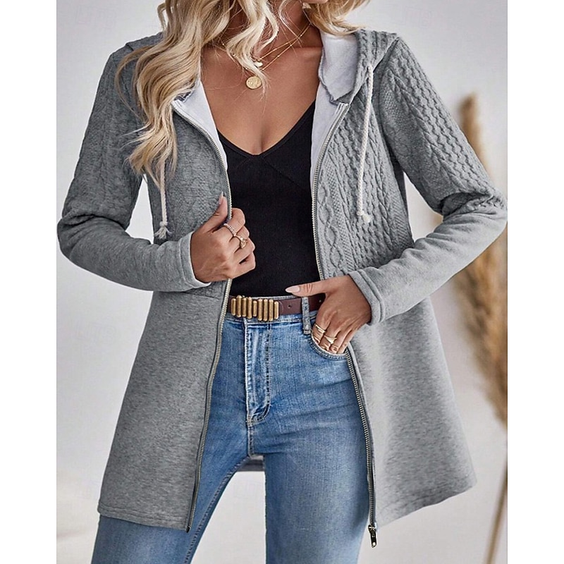 Women's Zip Up Hoodies Plain Casual Long Sleeve Hooded Regular Tops Street Going out Zipper Black White Gray Spring Fall Winter