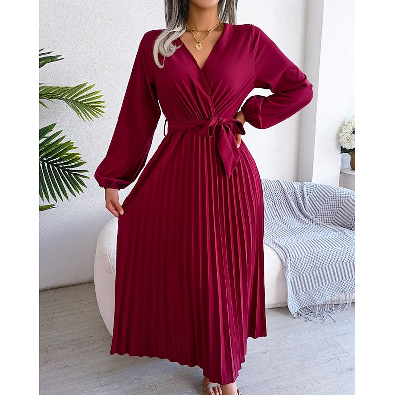 Women's Midi Dress Party Dress Cocktail Dress Satin Dress Fashion Modern Party Birthday Evening Party Regular Fit Plain Long Sleeve V Neck Black Red Royal Blue Purple Fall Winter3