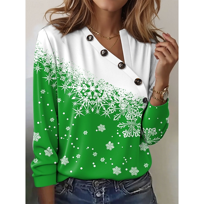 Christmas Women's T Shirt Geometric Snowflake Casual Short Sleeve Long Sleeve V Neck Regular Tops Daily Buttons Print Red Blue Purple Green Gray Summer Winter4