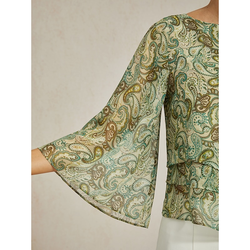 Women's Blouse Green Paisley Floral Layered 3/4 Sleeve Loose Fit Round Boat Neck Casual Elegant Spring Summer3