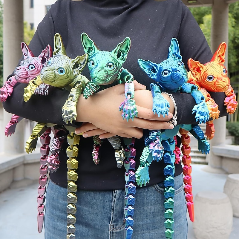 3D Printed Articulated Cat Figure Realistic Hairless Cat Decoration 3D Printed Sphynx Cat Animal Fidget Stress Relief Desk Pet Office Home Decor for Cat Lover and Collector