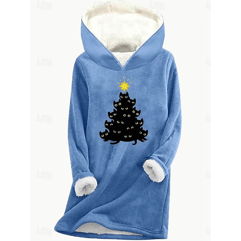 Women's Pullover Hoodie Sweatshirt Graphic Cat Christmas Tree Casual Long Sleeve Hooded Regular Tops Street Dailywear Print Pink Blue Gray Fall Winter4