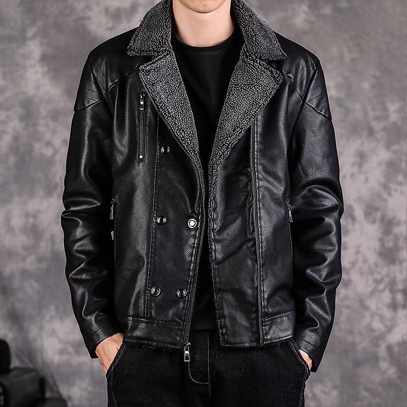 Men's Faux Leather Jacket Fleece Jacket Biker Jacket Motorcycle Jacket Vacation Daily Windproof Warm Pocket Fall Winter Plain Fashion Classic Lapel Regular Black Wine Jacket2