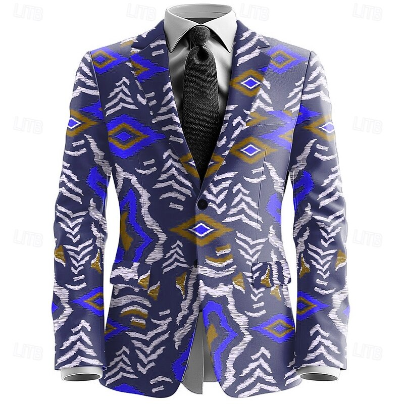 Men's Geometric Blazer Jacket Coat Comfortable Artistic Casual Party Casual Daily 3D Print Buttons Multi Pocket All Seasons Turndown Long Sleeve Red Blue Brown3