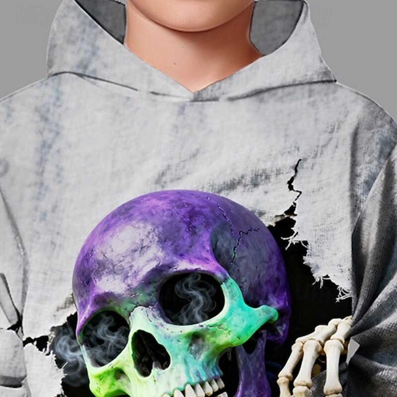 Halloween Boys' 3D Skull Hoodie Pullover Long Sleeve Spring Fall Fashion Basic Kids 4-12 Years Hooded Outdoor Casual Daily Regular Fit2