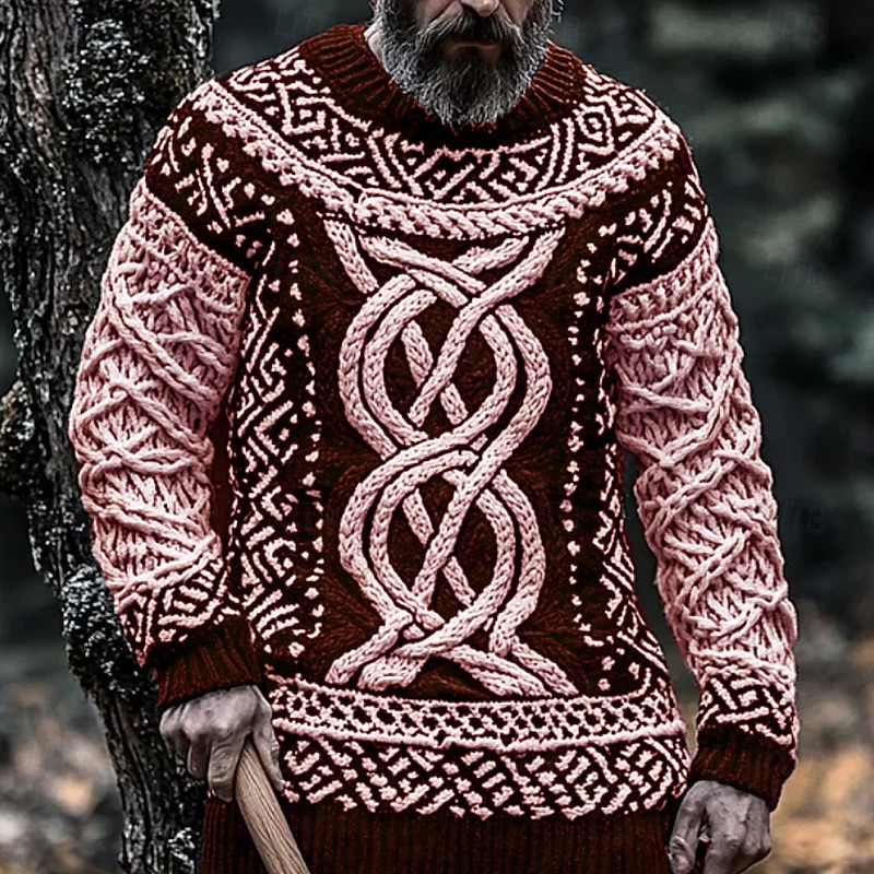 Men's Viking Pullover Sweater Jumper Knitwear Crewneck Retro Vintage Casual Daily 3D Print Knitting Keep Warm Long Sleeve Spring Fall Winter Black Red Green3