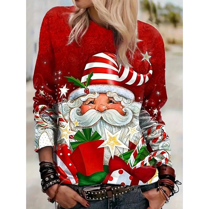 Christmas Women's T Shirt Graphic Santa Claus Snowflake Fashion Casual Long Sleeve Crew Neck Regular Tops Daily Weekend Print White Wine Red Spring Fall Winter