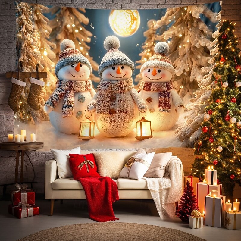 Christmas Wall Tapestry Backdrop, Golden Glowing Snowman Family with Lights and Tree, 2025 Xmas Winter Wonderland Holiday Wall Hanging for Bedroom Living Room3